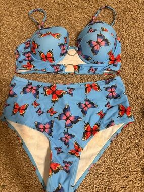Blue Butterfly Print High Waist Bikini Set